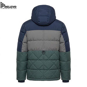 Veste matelassée technique pour homme de haute qualité, veste matelassée d'hiver multi-panneaux avec blocs de couleur marine, gris et vert foncé, capuche - Product Image 2