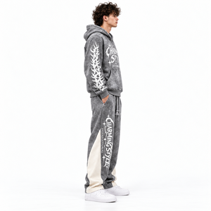 Ensemble de jogging streetwear d'hiver personnalisé avec logo, respirant, 100 % coton, survêtement à capuche et pantalon de survêtement évasé à jambe droite - Product Image 3
