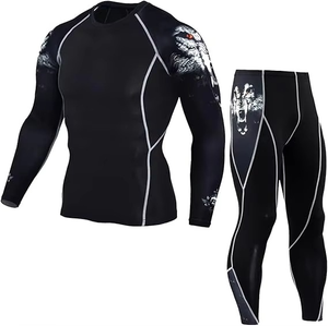 Conjunto de compresión negro para hombre, manga larga, cuello redondo, secado rápido, estampado con patrón animal, camiseta de manga larga y pantalones para todas las estaciones - Product Image 6