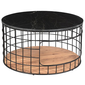 Mesa de Centro Redonda de Mármol Verde con Base de Metal y Madera de Acacia Sólida, Gran Capacidad de Almacenamiento, Diseño Europeo Moderno para Sala de Estar - Product Image 4