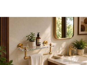 Modern Brass Wall Shelf with Glass Top and Gold-Plated Hardware for Home Decoration - Product Image 5