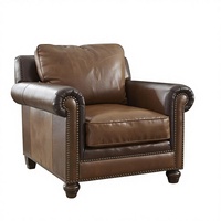 Sillón de Salón de Cuero Marrón de Lujo con Brazos Enrollados, Silla de Estilo Moderno de Mediados de Siglo para Sala de Estar, Decoración de Villa o Almacén
