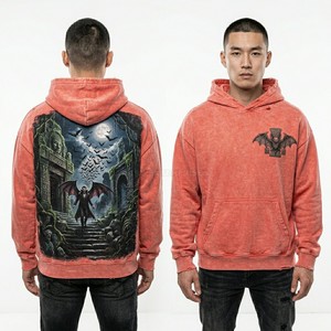 Oversized Vintage Red Hoodie Men Heavyweight Fleece Streetwear Rhinestone Graphic Print Acid Washed Pullover Hooded Sweatshirts - Product Image 5