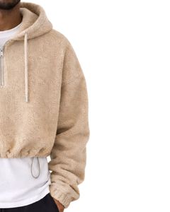 Sudadera con capucha corta de forro polar texturizado beige personalizada, con cremallera de cuarto, dobladillo con cordón ajustable, estilo casual urbano, cálida, con logotipo personalizado - Product Image 3