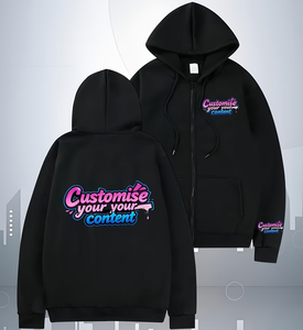 Customise Your Content Custom Logo Black Zip-<b>Up</b> Hoodie Unisex Casual 100% Cotton Fleece Regular Fit Heat Transfer Printed Autumn - Product Image 1