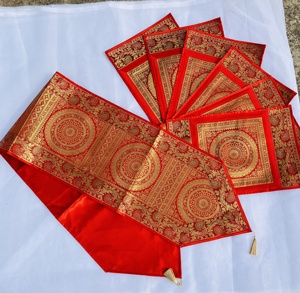 Elegant Red <b>and</b> Gold Brocade <b>Table</b> <b>Runner</b> <b>and</b> <b>Placemat</b> Set Luxurious Festive Dining Decor Premium Silk Fabric Finish - Product Image 1