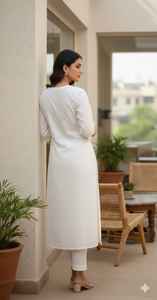 Conjunto de Kurta Larga y Pantalón Acampanado para Mujer, de Lona, 3 Piezas, Liso, Teñido, Midi, Elegante, Festivo, Ropa Étnica India y Pakistaní - Product Image 2