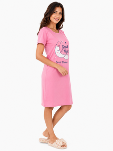 Camisón rosa de manga corta para mujer con estampado de luna, ropa de dormir de algodón suave, vestido de pijama informal de verano hasta la rodilla - Product Image 2