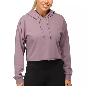 Sudadera con capucha corta de algodón liso para mujer, al por mayor, con logo personalizado y bajo sin rematar - Product Image 1