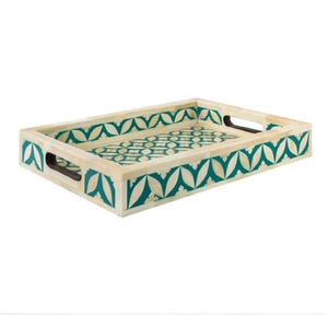 Bandeja octogonal con incrustaciones de hueso natural, adornada con arte geométrico negro en forma de estrella, disponible a precios de mayorista. - Product Image 2