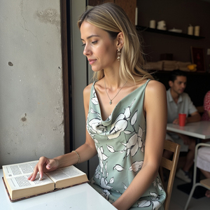 เดรสผ้าซาตินแขนกุดสุดชิคสำหรับผู้หญิงเดรสลายดอกไม้สีขาวพิมพ์ลายดอกไม้มิ้นท์เบา - Product Image 3