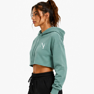 <b>Women</b> Cropped <b>Hoodie</b> Green Embroidered Letter Casual Autumn Wear <b>Long</b> Sleeve Fleece Hooded Sweatshirt New Custom Design <b>Hoodie</b> - Product Image 4