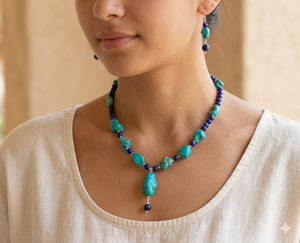 Collier de perles en pierres précieuses naturelles turquoise et lapis-lazuli, ensemble de bijoux bohèmes en argent sterling pour femmes et unisexe, troisième marque - Product Image 1