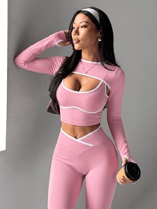 Custom Womens Three Piece Workout Set Yoga Crop <b>Top</b> Sports Bra <b>And</b> Matching <b>Leggings</b> For Gym Fitness Training Exercise - Product Image 4