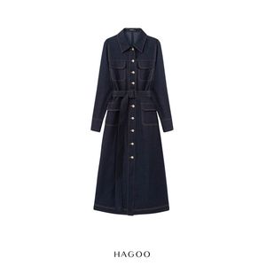 Robe midi trapèze à col contrastant et ceinture, manches longues, boutonnée sur le devant, découpes, style décontracté et professionnel pour femme [V9039] - Product Image 6