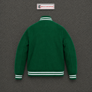Veste universitaire en laine verte pour homme, veste de baseball personnalisée avec col, poignets et ourlet côtelés à rayures blanches, fermeture à boutons classique - Product Image 6