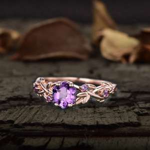 Anillo de Compromiso Vintage con Amatista de Corte Oval Hexagonal, Plata de Ley 925, Chapado en Oro Rosa de 14k, Certificado IGI, Alta Calidad, Diseño de Hoja - Product Image 2