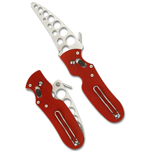 Couteaux pliants rouges avec lame perforée en acier inoxydable, manche ergonomique texturé, mécanisme de verrouillage coulissant et fil métallique - Product Image 1