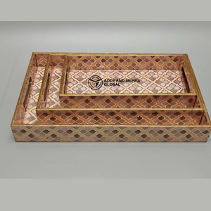 Geometrical Enamel Serving Tray Set of 3 MDF Wooden Decorative Tray Set Brown & Gold <b>Pattern</b> Serving Trays - Product Image 6