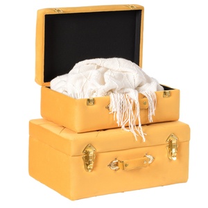 Wholesale Ochre Velvet Upholstered Decor Trunk Set Leatherette Handle <b>Blanket</b> Storage <b>Box</b> - Product Image 1