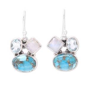 925 Sterling Silver Multi-Gemstone Engagement Water <b>Drop</b> Earrings Copper Turquoise <b>Rainbow</b> Moonstone Blue Topaz - Product Image 1