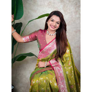 Écharpe en soie tissée Banarasi Jaal Zari vert Mehendi, sari ethnique indien de qualité supérieure - Product Image 6