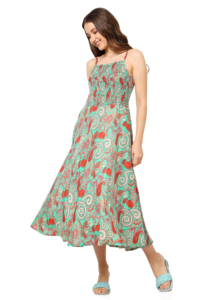 Vestido de mujer verde floral con smock y bordados, sin mangas, cuello cuadrado, de poliéster, estilo acampanado, a la moda, estilo occidental. - Product Image 1