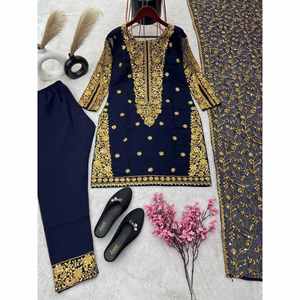 PANTALON DE TRAVAIL DE SÉQUENCE DE BRODERIE GEORGETTE À LA MODE AVEC DUPATTA BLEU MARINE - Product Image 6