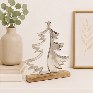Handcrafted Silver Aluminum Christmas <b>Tree</b> Sculpture On Mango Wood Base Modern <b>Tabletop</b> Holiday Decor For Home And Office Decor - Product Image 2