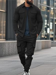 Camisa de Manga Larga Negra para Hombre con Botones y Bolsillos en el Pecho, Corte Regular, Estilo Casual Otoñal, 100% Algodón Tejido - Product Image 3