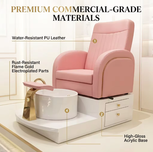 Fauteuil de pédicure rose poudré de luxe avec deux tiroirs de rangement et bassin en céramique blanc - Station de pédicure professionnelle pour techniciennes d'onglerie - Product Image 4