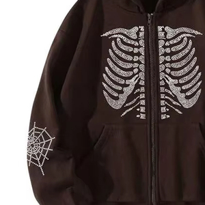 Men's Oversized Hooded Sweatshirt Black Rhinestone <b>Skeleton</b> Print Zip-Up Gothic Style Regular Sleeve Fleece Autumn Wear - Product Image 4