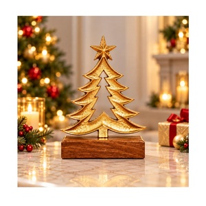 Metal <b>Christmas</b> Tree with Wooden Base Gold <b>Decorative</b> <b>Christmas</b> Showpiece for Living Room Bedroom <b>Office</b> Tabletop <b>Decor</b> - Product Image 1