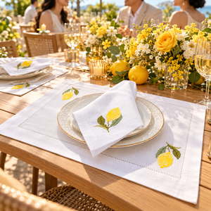 Ensemble de sets de table et serviettes en coton brodé motif citron vif, avec ourlet festonné élégant, pour la décoration de table à la maison, en cuisine et pour les fêtes - Product Image 4