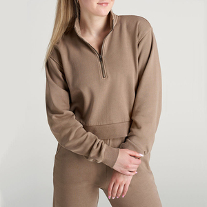 Custom Women's Cropped Top Half Zipper Sweatshirt Winter Cotton Poly Brushed Fleece with <b>Embroidery</b> Printing Logos - Product Image 6