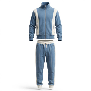 Survêtement bleu pour homme 100% coton, sweat-shirt à col roulé entièrement zippé, poches latérales, pantalon de jogging assorti, respirant, vêtements décontractés, été - Product Image 1