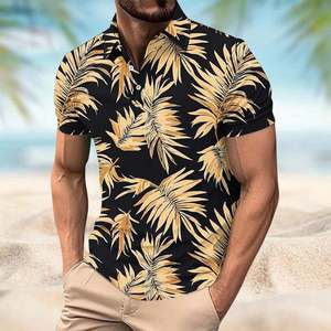 เสื้อเชิ้ตแขนสั้นลายใบปาล์มสีดำทองสำหรับผู้ชาย ผ้าถักเนื้อนุ่ม ระบายอากาศได้ดี ผลิตจากโพลีเอสเตอร์/คอตตอน 180 กรัม ดีไซน์ทันสมัย - Product Image 5