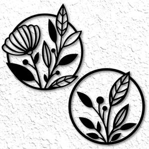 Juego de 2 tapices de pared de hierro inspirados en la naturaleza con arte floral de metal redondo cortado con láser moderno para interiores - Product Image 1