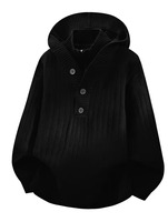 Pull à capuche noir en maille pour homme, effet deux pièces, demi-zip boutonné, coupe oversize ample, texturé côtelé, manches longues