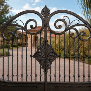 Elegante puerta doble de entrada de hierro forjado negro con decoración floral central y diseño de pilar de piedra. - Product Image 3