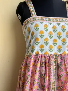 Indian 100% Cotton Floral Flock Print <b>Adjustable</b> Straps <b>Square</b> Collar Floor-Length Dress Pink Yellow - Product Image 6