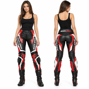 Pantalon en cuir personnalisé pour femme, pantalon de moto en cuir pour femme, pantalon de course avec fermeture éclair et boutons, imprimé, pantalon de motocross avec genouillères - Product Image 5