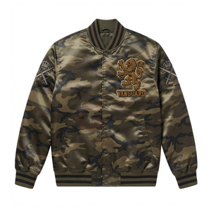 Veste bomber en satin camouflage unisexe légère avec ruban personnalisé et lettres et logos brodés en chenille - Product Image 4