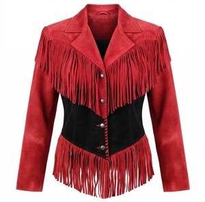 Veste Western en daim rouge uni de qualité supérieure pour l'hiver, avec franges noires sur le devant et logo |   Manteau élégant à franges de cowgirl |   Vêtements d'extérieur à franges bohèmes - Product Image 1
