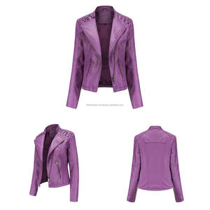 Violet fermeture éclair Moto Biker Style ajusté matelassé point cuir femmes vestes avec dentelle Accents poches zippées élégant automne vêtements d'extérieur - Product Image 4
