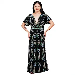 Robe longue en mousseline brodée florale, col en V profond, manches courtes, style bohème, longueur ras du sol, robe de soirée d'été - Product Image 1