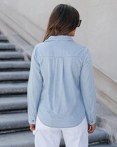 Chemise boutonnée en coton bleu clair pour femmes, manches longues, couleur unie, col rabattu, coupe régulière, hauts de loisirs toutes saisons - Product Image 6