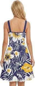 Vestido de Verano para Hombre, Transpirable, de Poliéster, con Estampado Floral, Cuello Cuadrado, Cintura con Lazo, Corte en A, Midi, Azul Marino, Tropical - Product Image 2