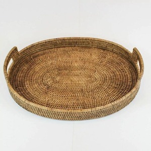 Handmade Woven Rattan Decorative Tray Round With Handle Bohemian Style Plant Fiber Single Piece <b>Home</b> Decor - Product Image 1
