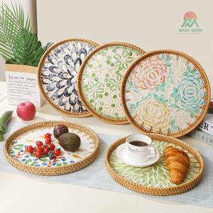 ถาดหวายทรงกลมฝังมุก, ถาดหวายตกแต่งฐานไม้, ถาดสานงานฝีมือ - Product Image 5
